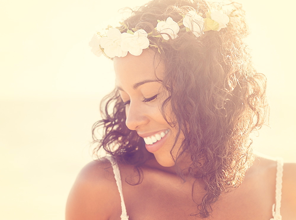 Young woman wearing wreath