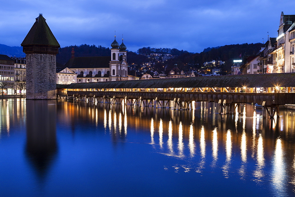 Chapel Bridge and Jesuit Church, Switzerland, Lucerne, Chapel Bridge,Kapellbrucke,Jesuit Church