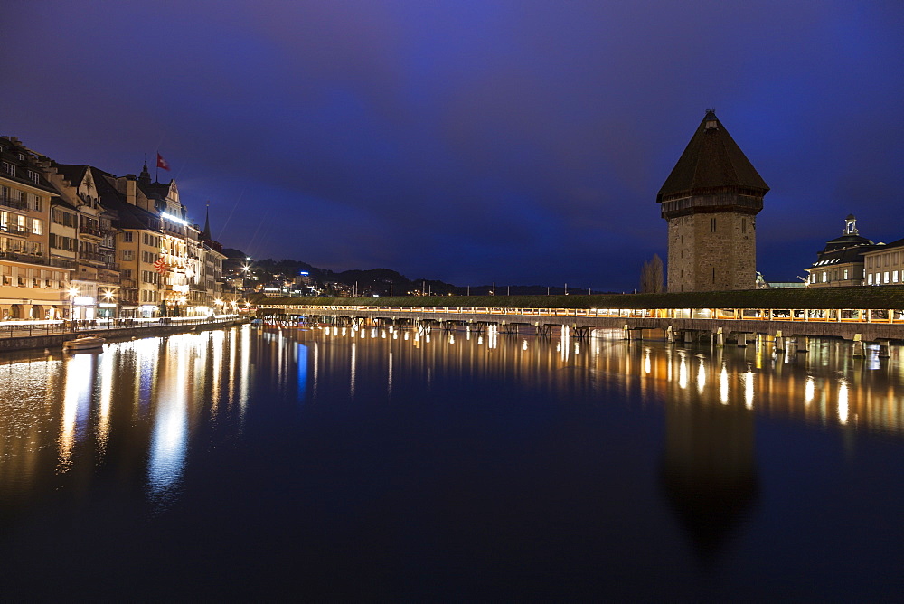 Chapel Bridge at night, Switzerland, Lucerne, Chapel Bridge,Kapellbrucke,