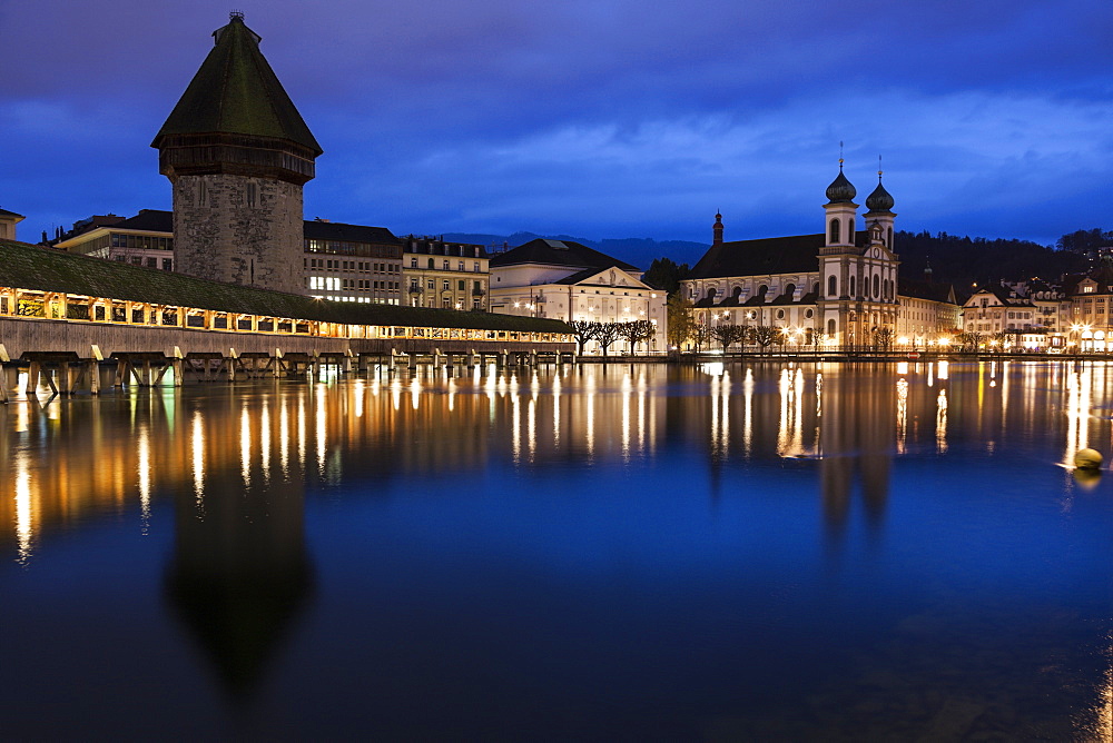 Chapel Bridge and Jesuit Church at Night, Switzerland, Lucerne, Chapel Bridge,Kapellbrucke, Jesuit Church