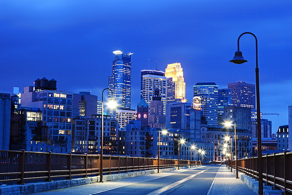 Downtown district at night, USA, Minnesota, Minneapolis