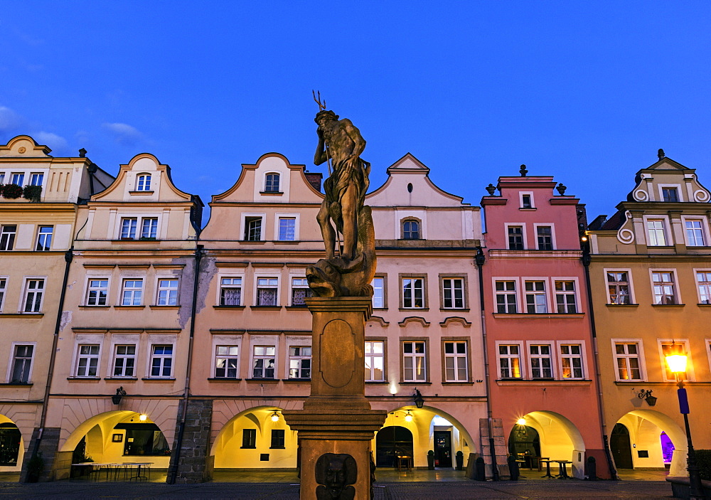 Statues and facades of old town houses, Poland, Dolnoslaskie, Jelenia Gora, Old Town