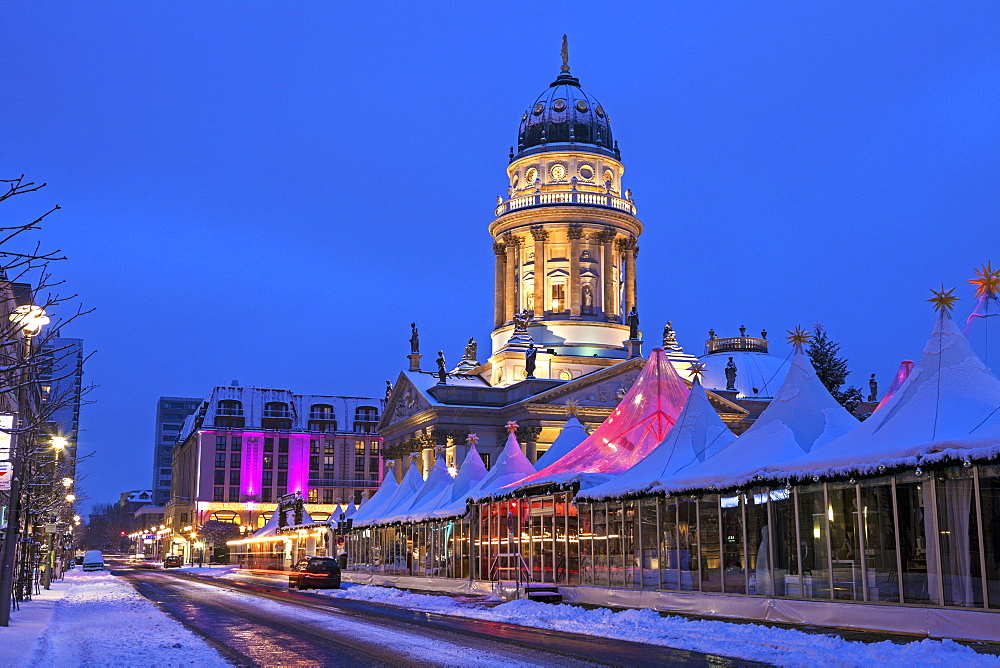 Christmas Market and illuminated steeple of French Cathedral, Germany, Berlin