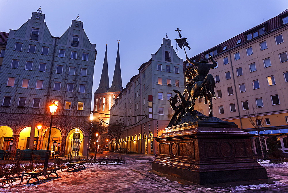 Equestrian statue on illuminated town square, Germany, Berlin