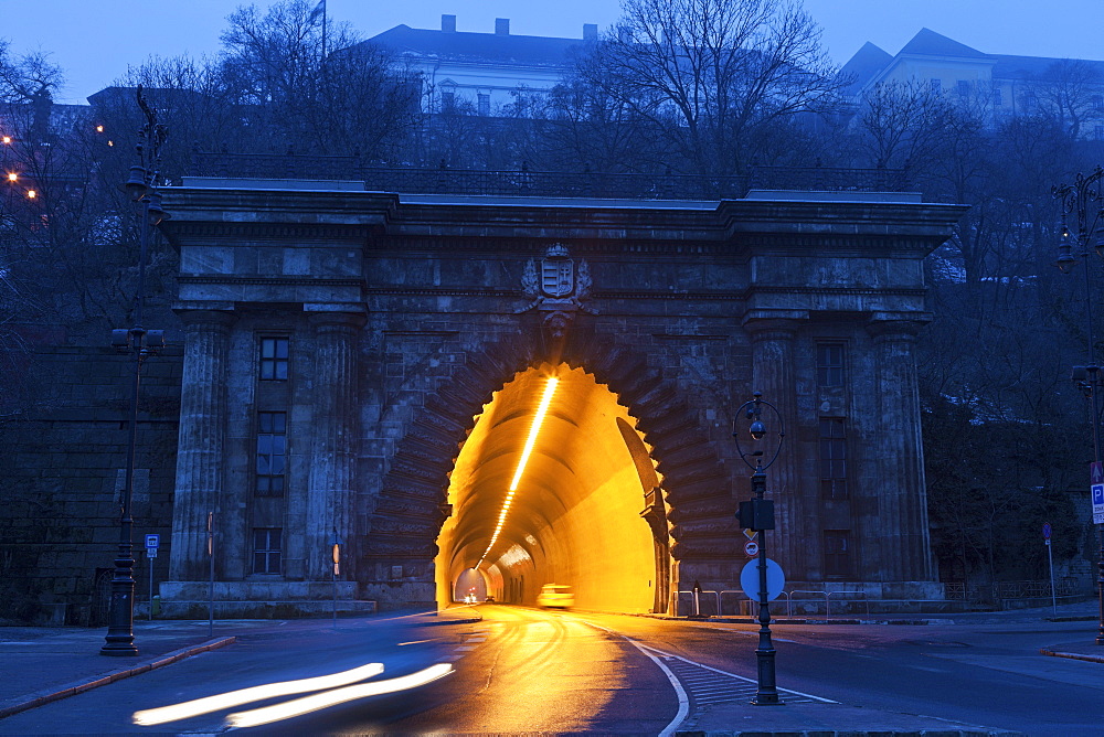 Illuminated end of Buda Castle Tunnel, Hungary, Budapest, Tunnel under Sendor Palace,Office of the President of Hungary