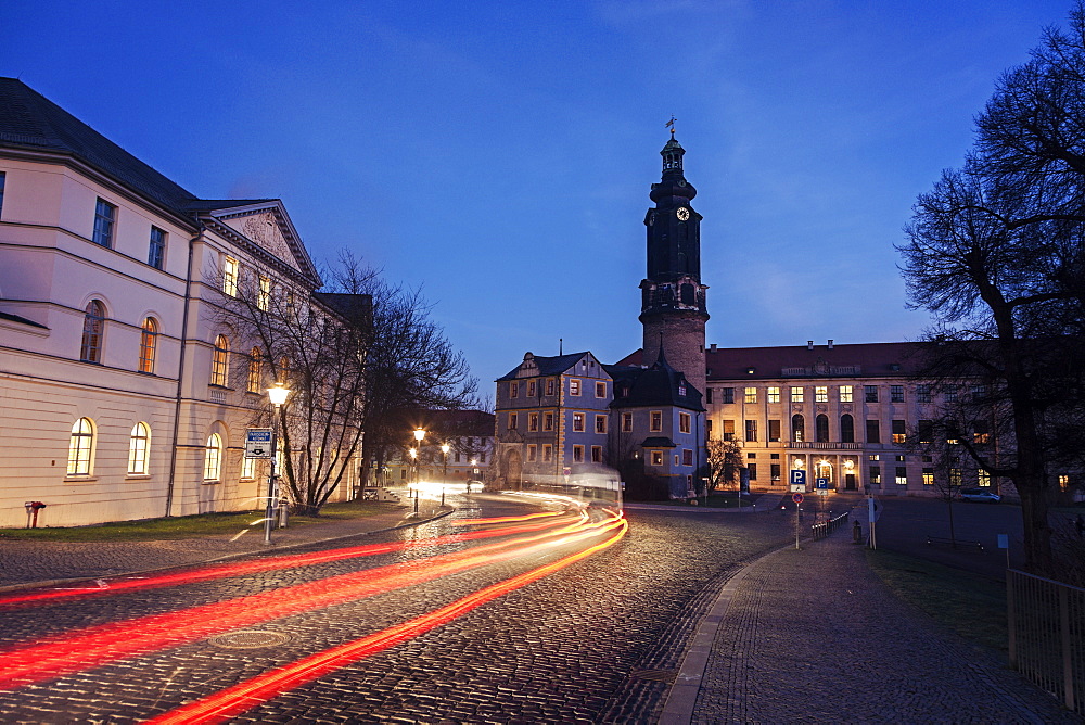 Light trails in old town street, Germany, Thuringia, Weimar