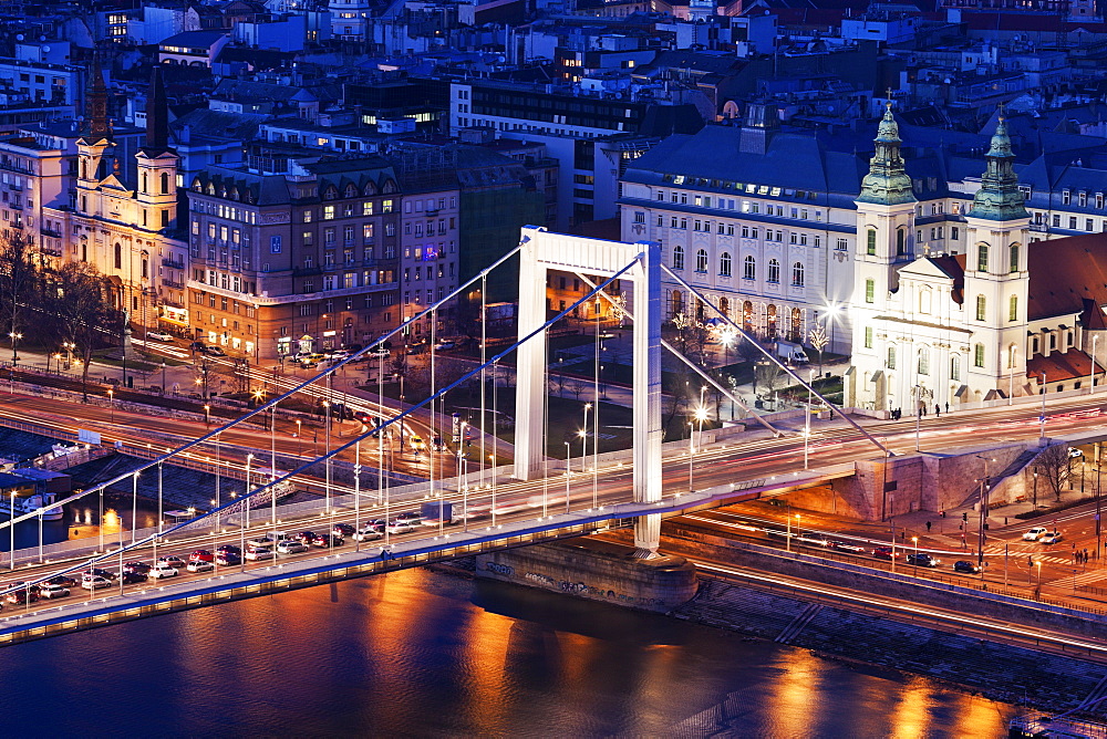 Riverfront cityscape with Elisabeth Bridge and Franciscan Church, Hungary, Budapest, Elisabeth Bridge, Franciscan Church