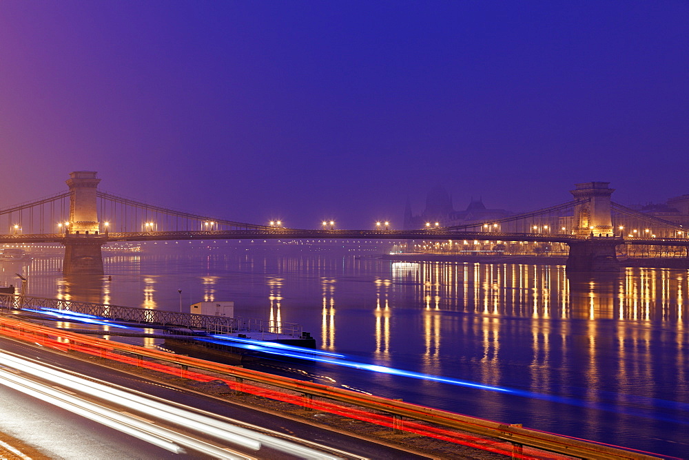 Illuminated Chain Bridge and light trails, Hungary, Budapest, Chain bridge