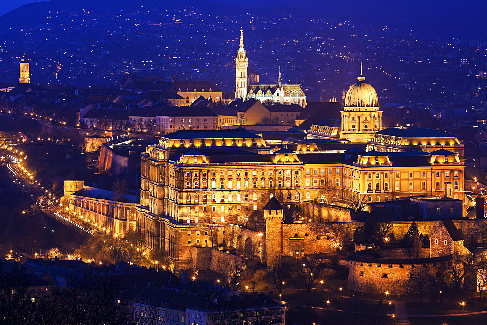 Cityscape with illuminated Royal Palace and Matthias Church, Hungary, Budapest, Royal Palace, Buda Castle