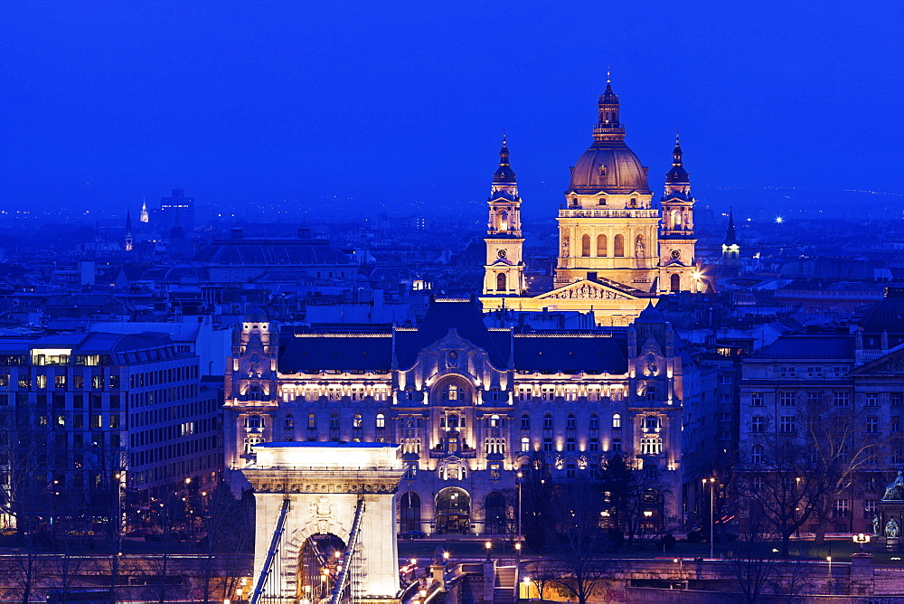 Illuminated cityscape with Saint Stephen's Basilica, Hungary, Budapest, Budapest Churches