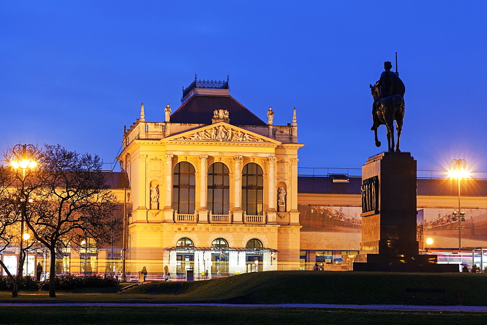 Illuminated building of main railway station, Croatia, Zagreb