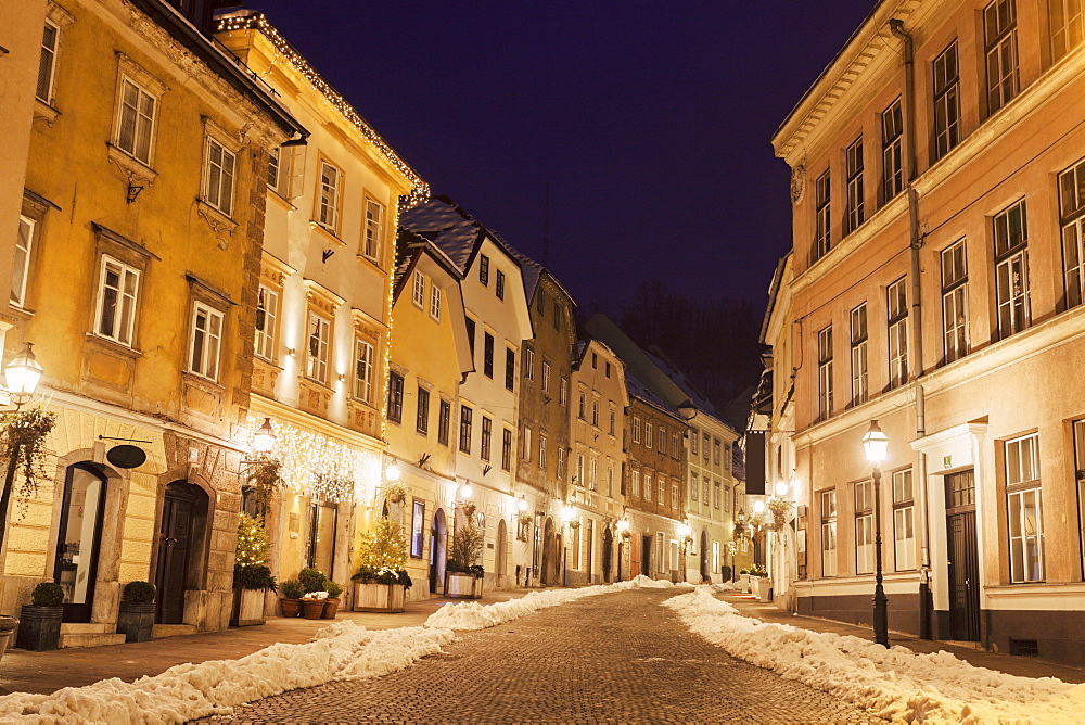 Illuminated old town street, Slovenia, Ljubljana