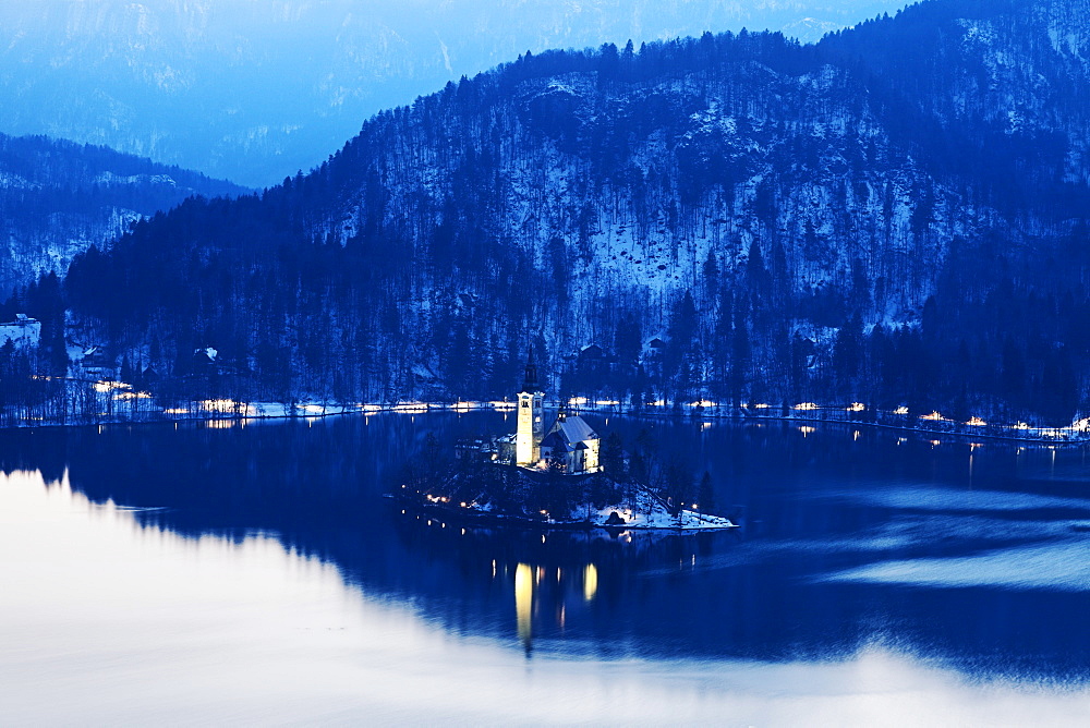 Lake Bled and illuminated Church of the Assumption on island, Slovenia, Bled, Church of the Assumption, Lake Bled