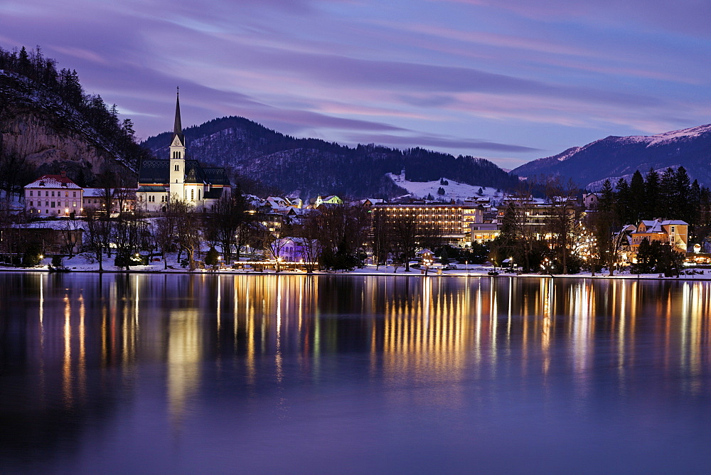 Lake Bled and illuminated waterfront, Slovenia, Bled