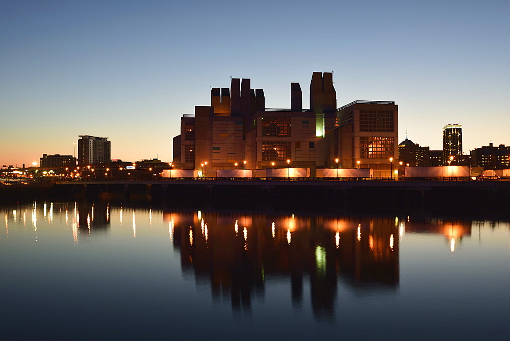 Expressway Tunnel Ventilation System Building at dusk, USA, Massachusetts, Boston, Fort Point Channel