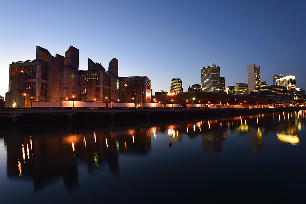 City at dusk, USA, Massachusetts, Boston, Fort Point Channel