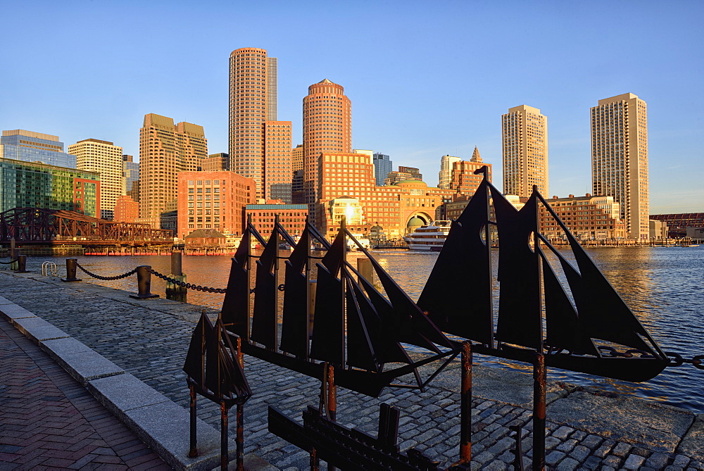 Financial district at sunrise from Fan Pier, USA, Massachusetts, Boston, Fan Pier