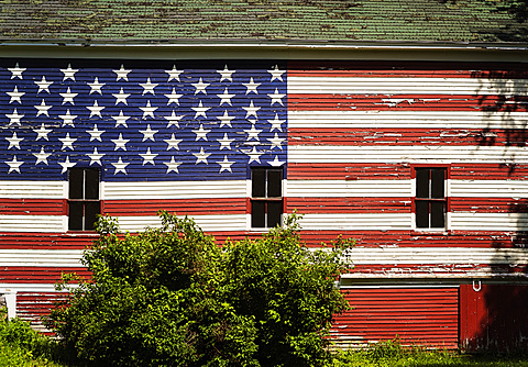 American flag painted on facade of barn, USA, Maine, Knox