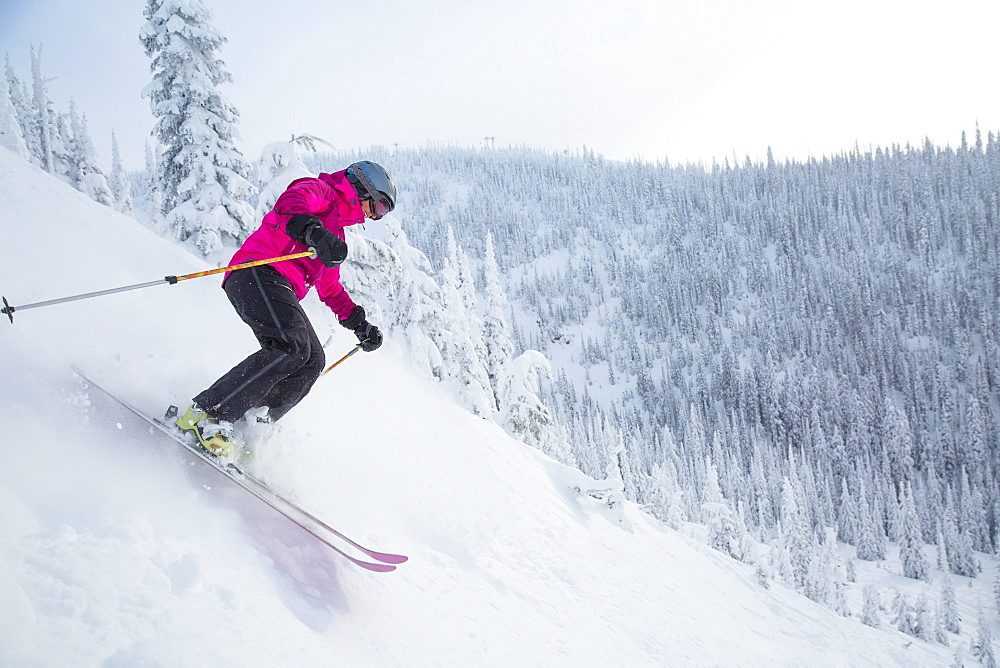 Woman skiing downhill, USA, Montana, Whitefish