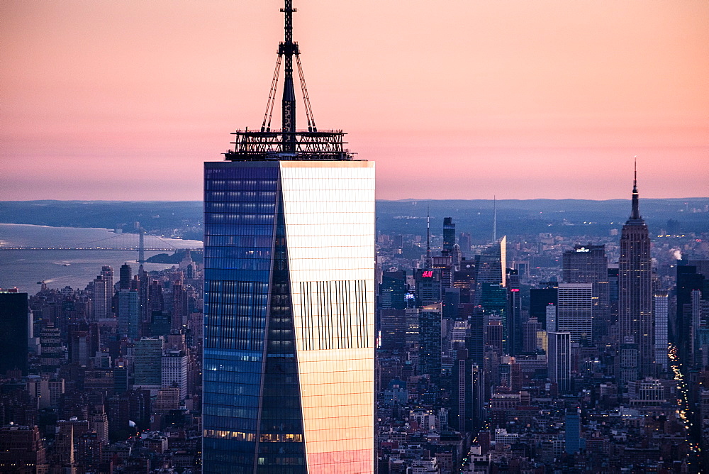 USA, New York State, New York City, One World Trade Center building at sunrise