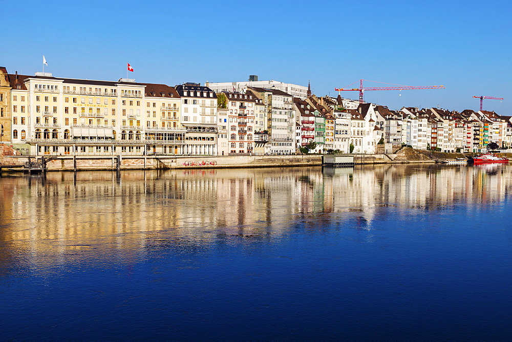 Switzerland, Basel, Basel-Stadt, Houses by Rhine River