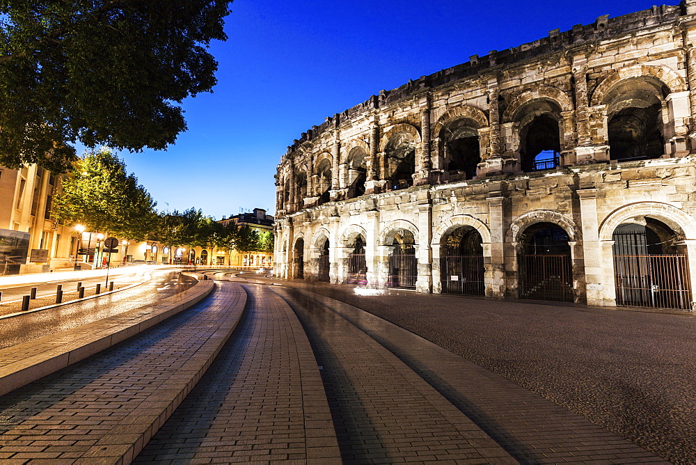 France, Occitanie, Nimes, Arena of Nimes at dusk