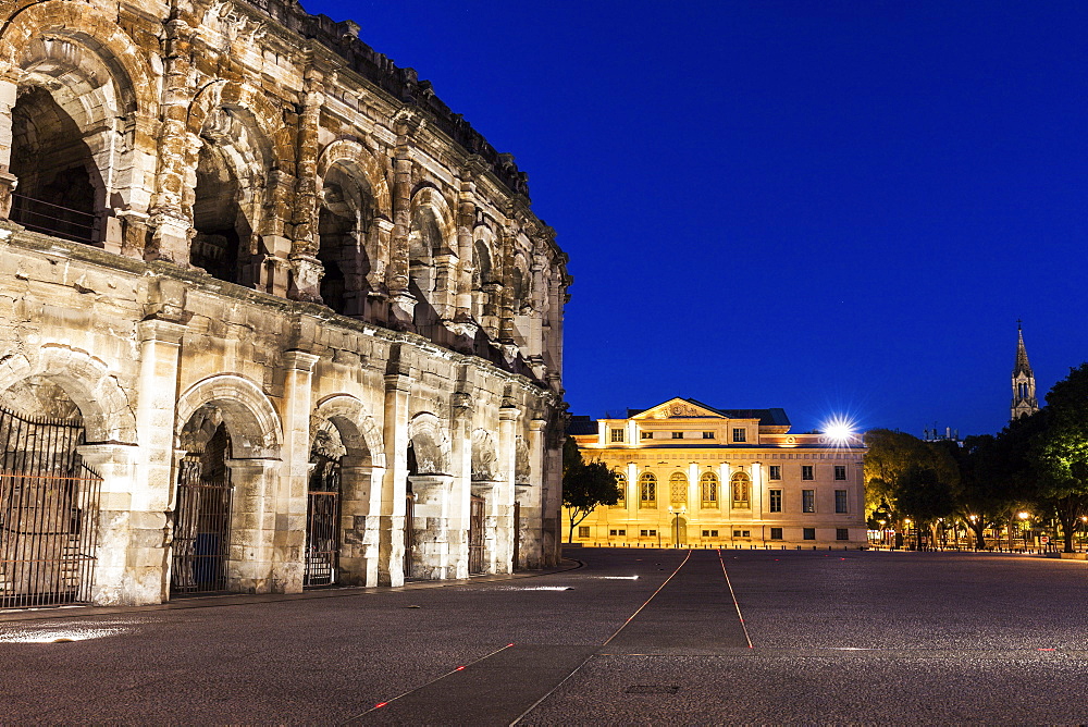 France, Occitanie, Nimes, Arena of Nimes at dusk