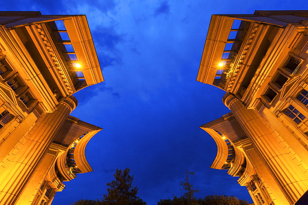 France, Occitanie, Montpellier, Low angle view of modern architecture of Quartier Antigone