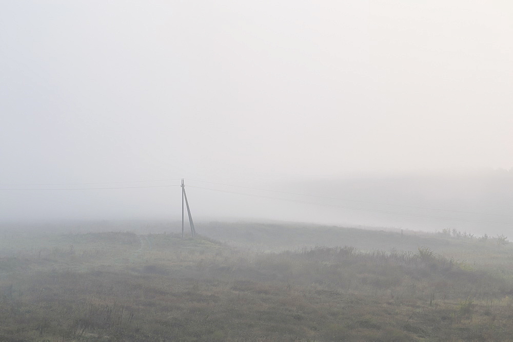 Ukraine, Dnepropetrovsk region, Novomoskovsk district, Electricity pylon standing in foggy field