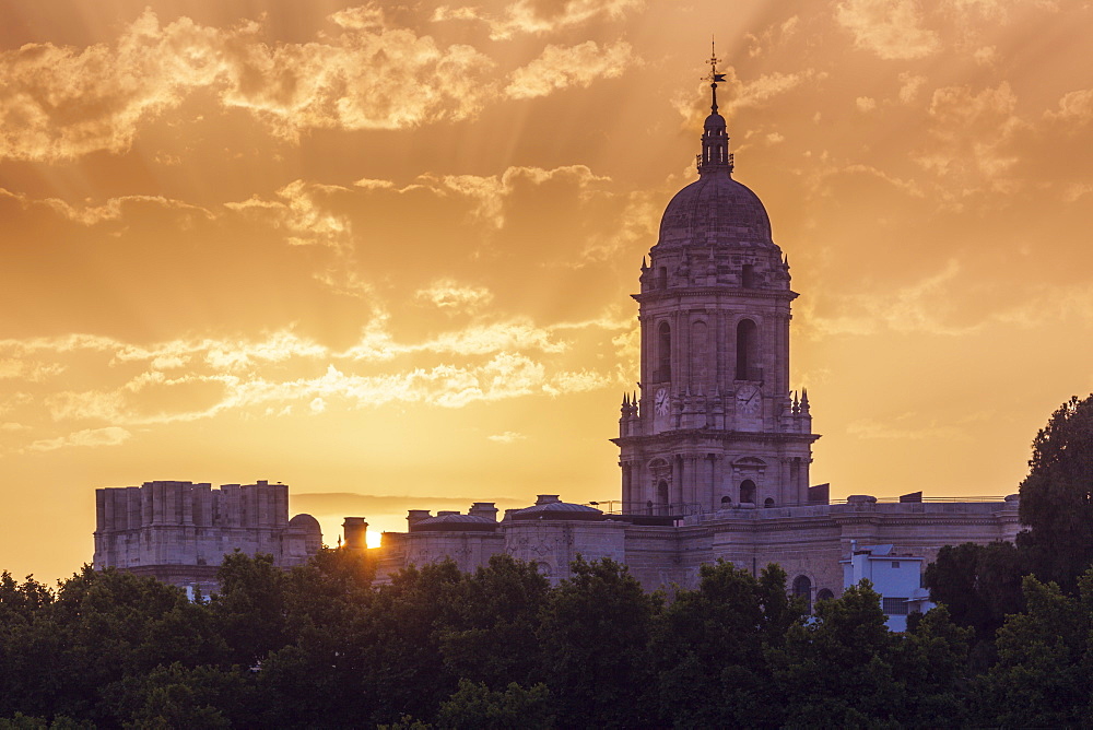 Spain, Andalusia, Malaga, Malaga Cathedral at sunset