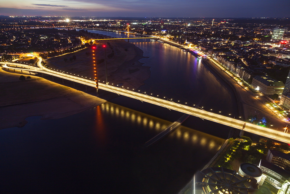 Aerial view of Rheinkniebrucke at night in Dusseldorf, Germany, Dusseldorf, North Rhine-Westphalia, Germany