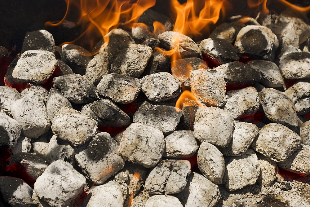 Close up of charcoal briquette fire