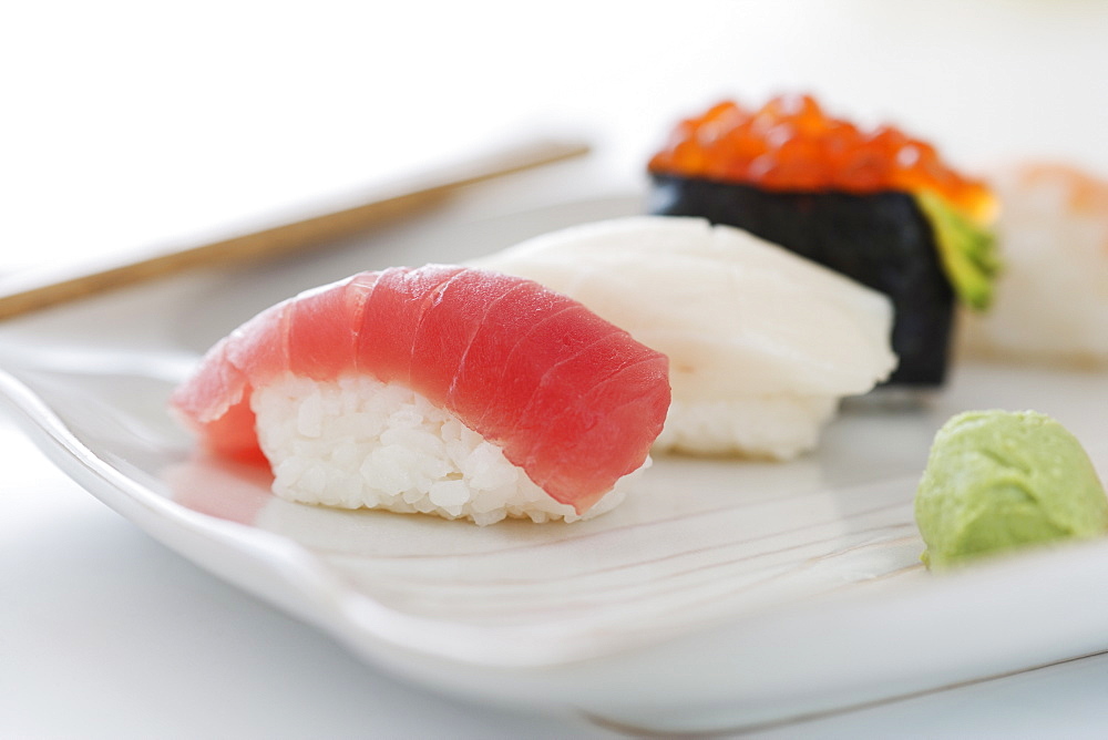 Close up of assorted sushi on plate 