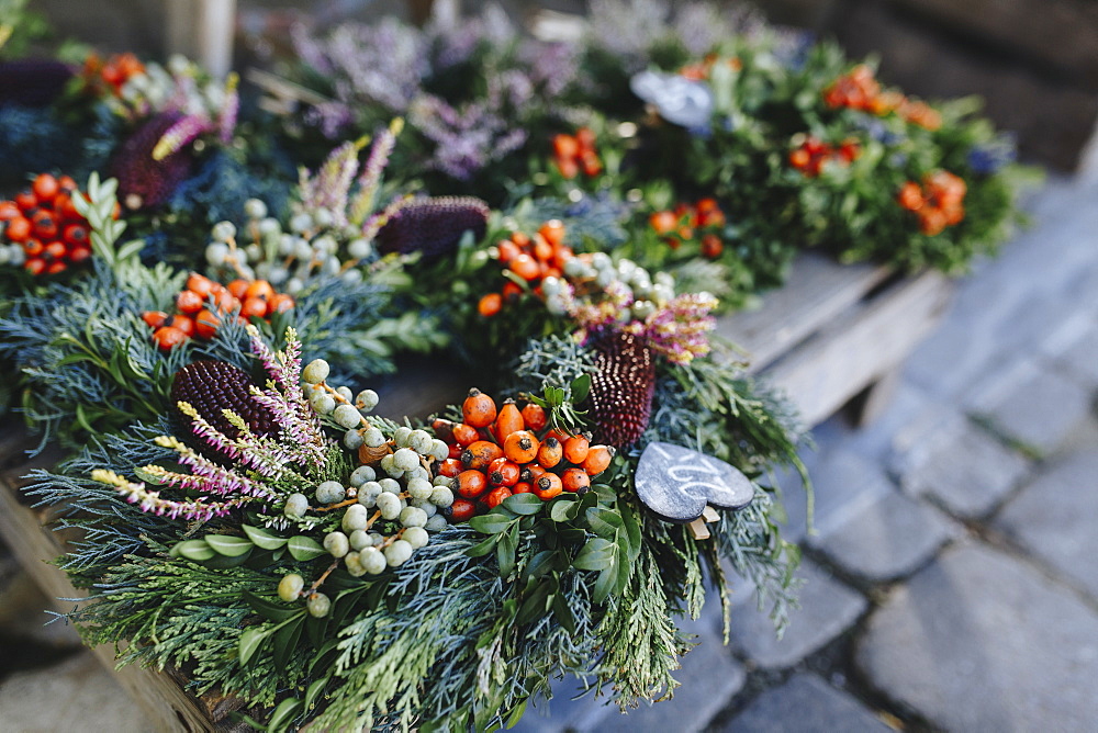 Christmas wreaths on pallet