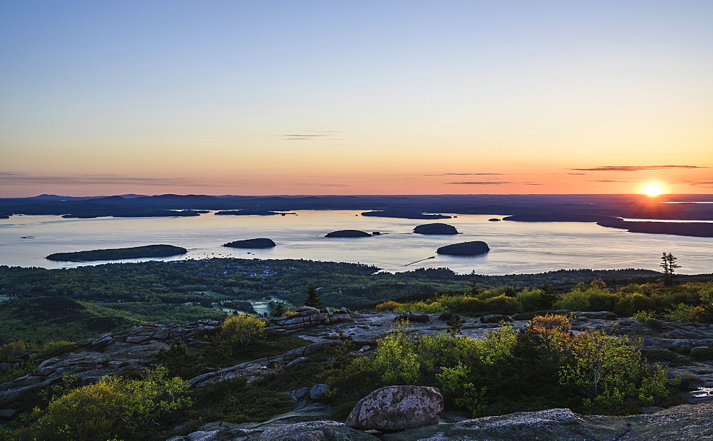 Islands in Frenchman Bay at sunrise in Acadia National Park, USA