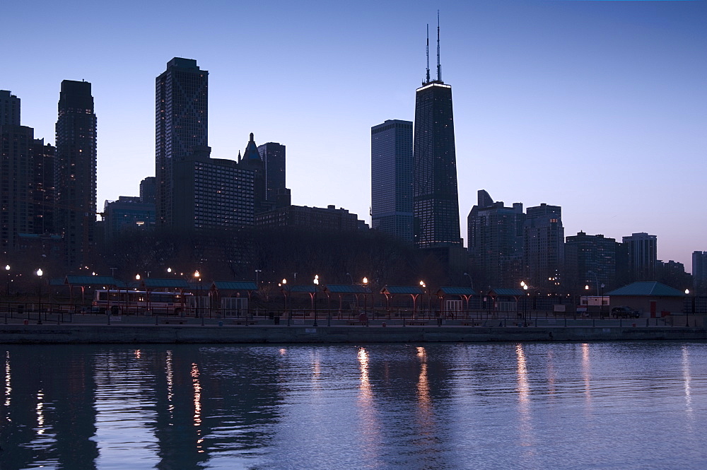 Skyline at sunrise with Lake Michigan Chicago Illinois USA