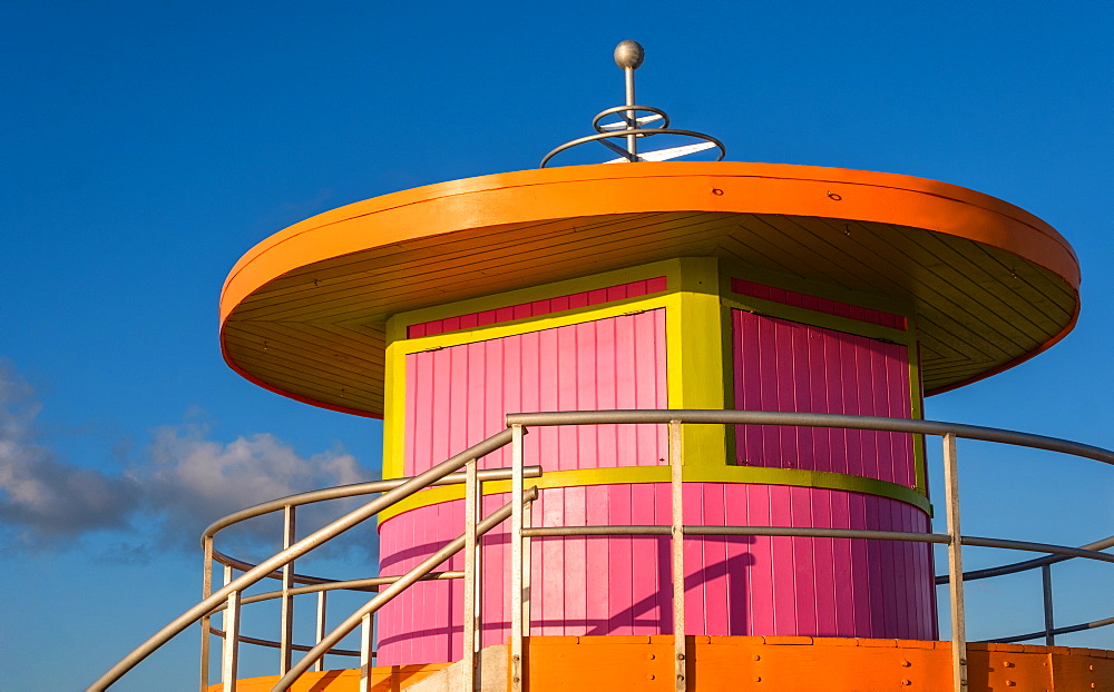 Pink and orange beach hut against sky in Miami, Florida, United States of America