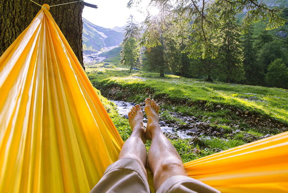 Man's legs in hammock by trees