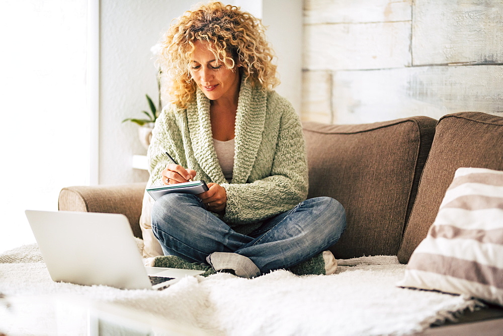 Smiling woman working with laptop on sofa