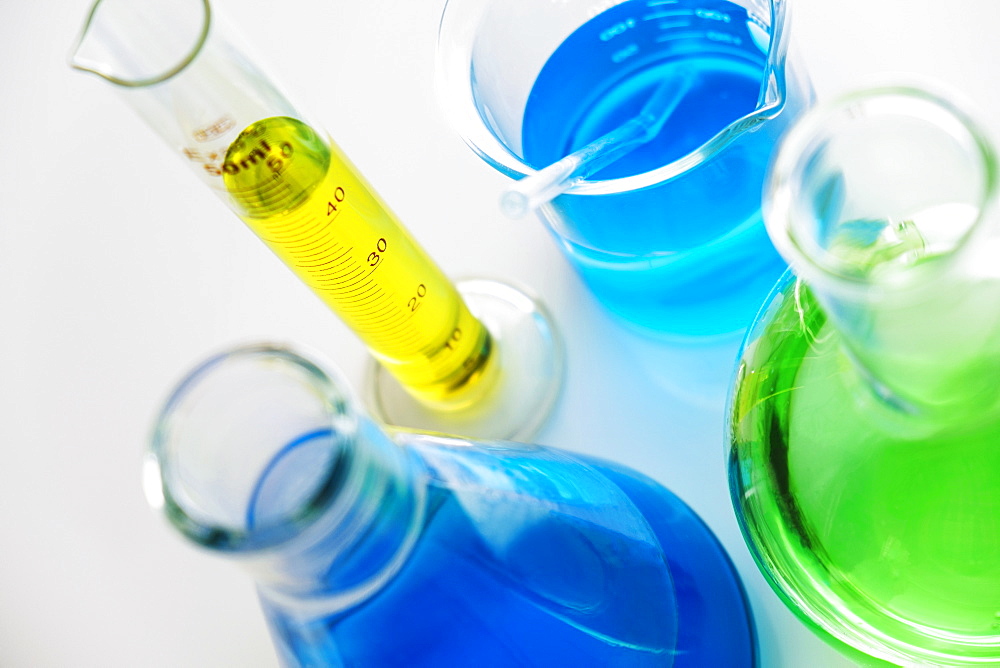 Colorful liquid in beakers