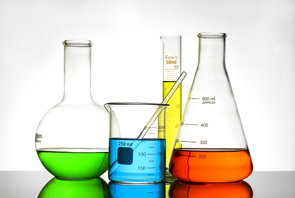 Colorful liquid in beakers