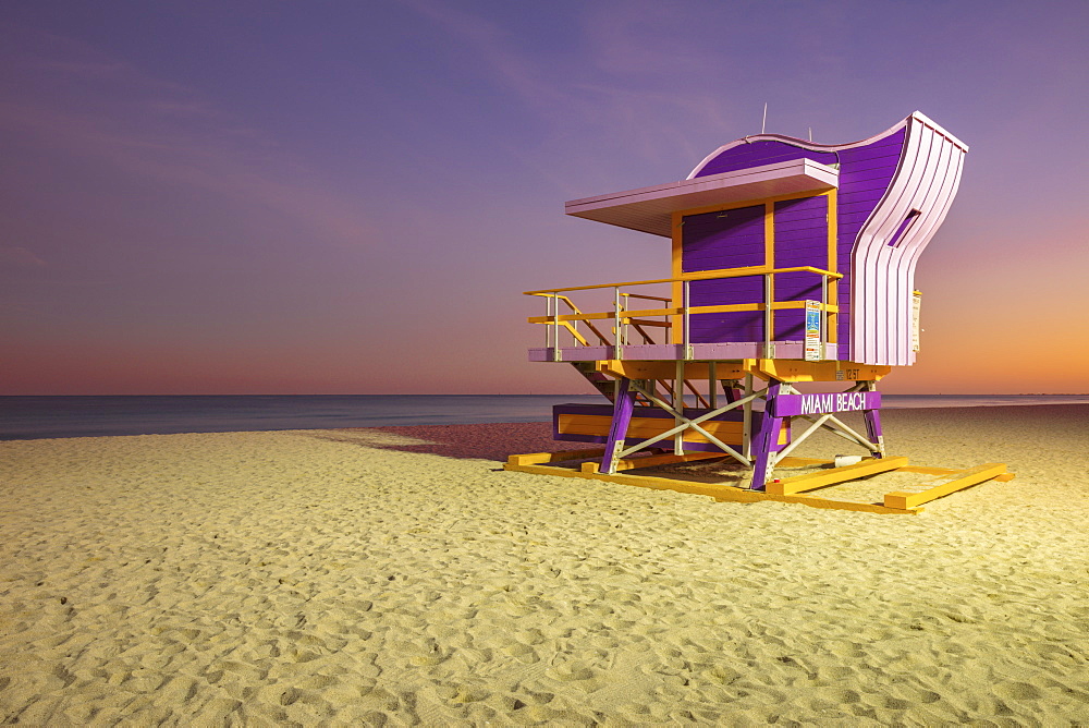 USA, Florida, Miami, Lifeguard hut on beach at dusk