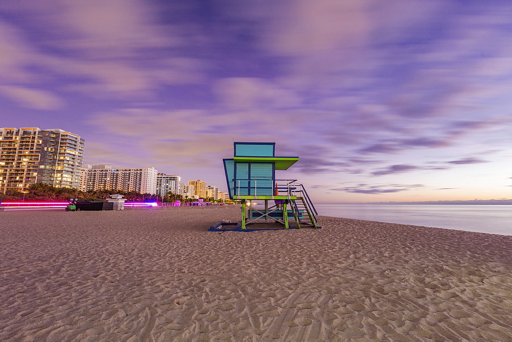 USA, Florida, Miami, Lifeguard hut on beach at dusk