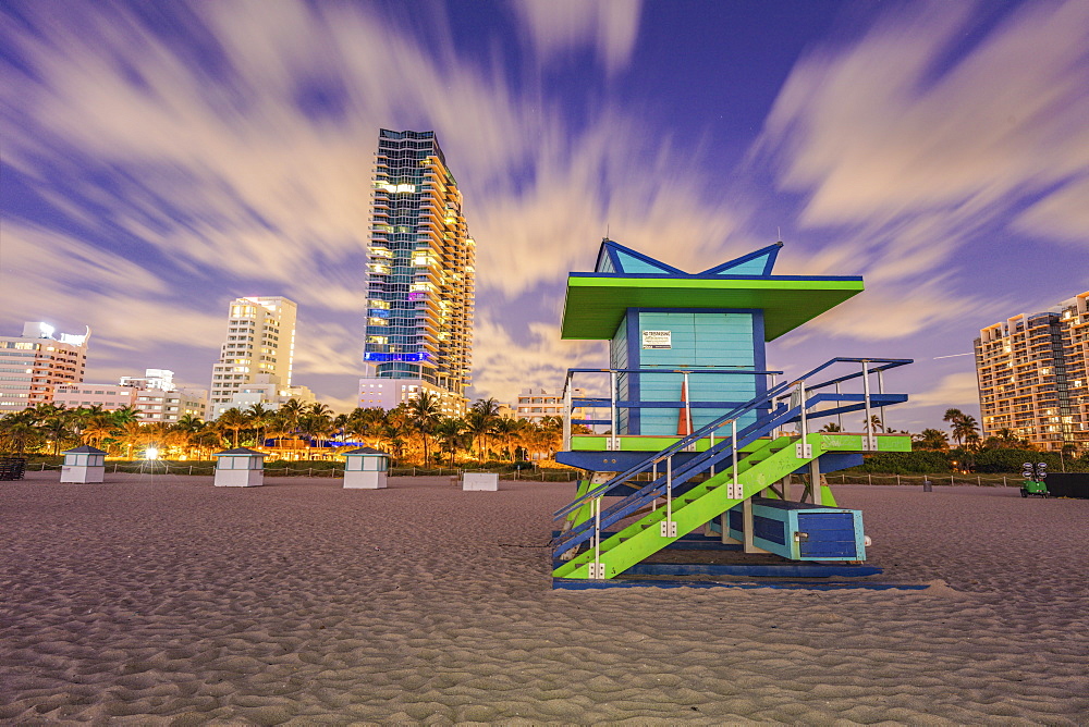 USA, Florida, Miami, Lifeguard hut on beach at dusk