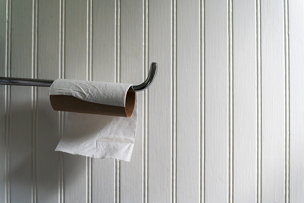 The end of roll of toilet paper on rack