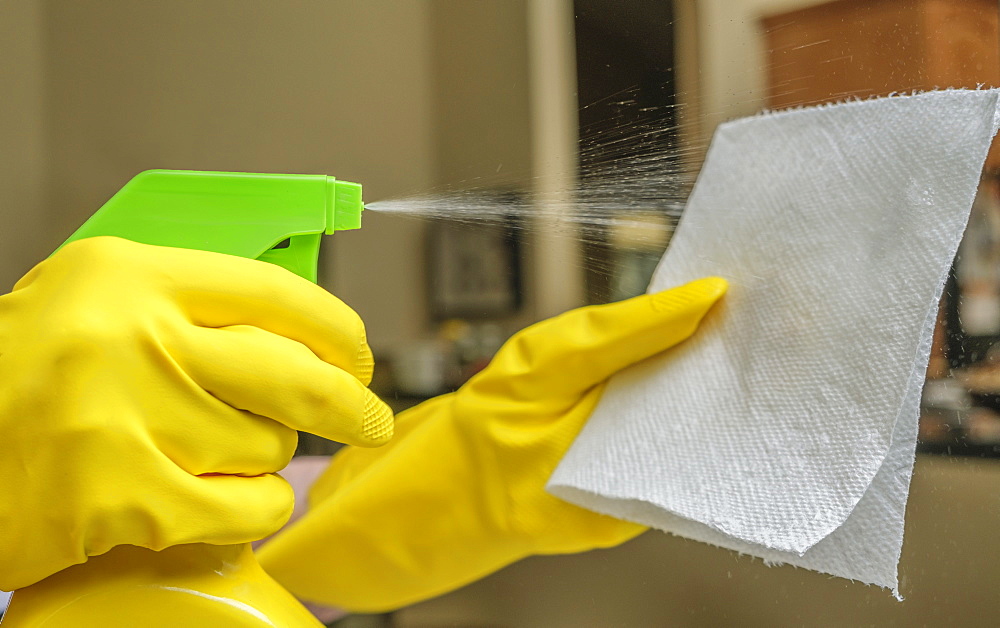 Close-up of gloved hand spraying disinfectant onto cleaning pad