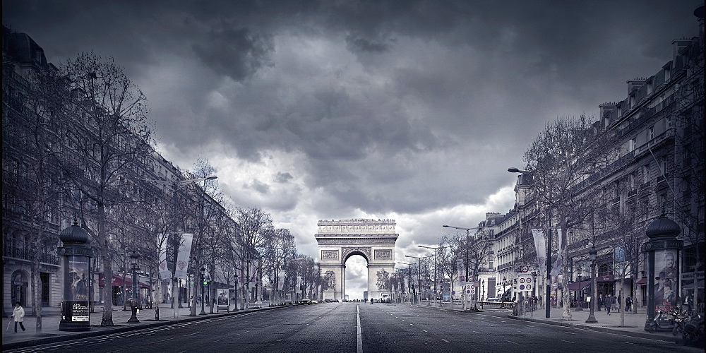 France, Paris, Triumphal arch at end of shopping street