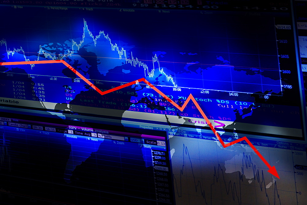 Stock market data and graph moving down