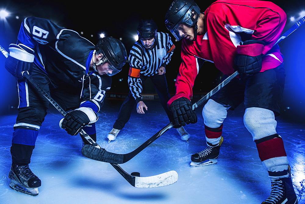 Hockey players and referee starting match