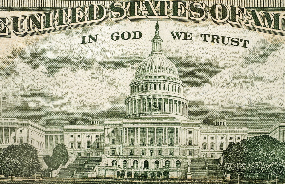 Close up of US paper bill with capitol building
